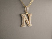 14K Gold CZ Iced Letter N Pendant