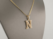 14K Gold CZ Iced Letter N Pendant