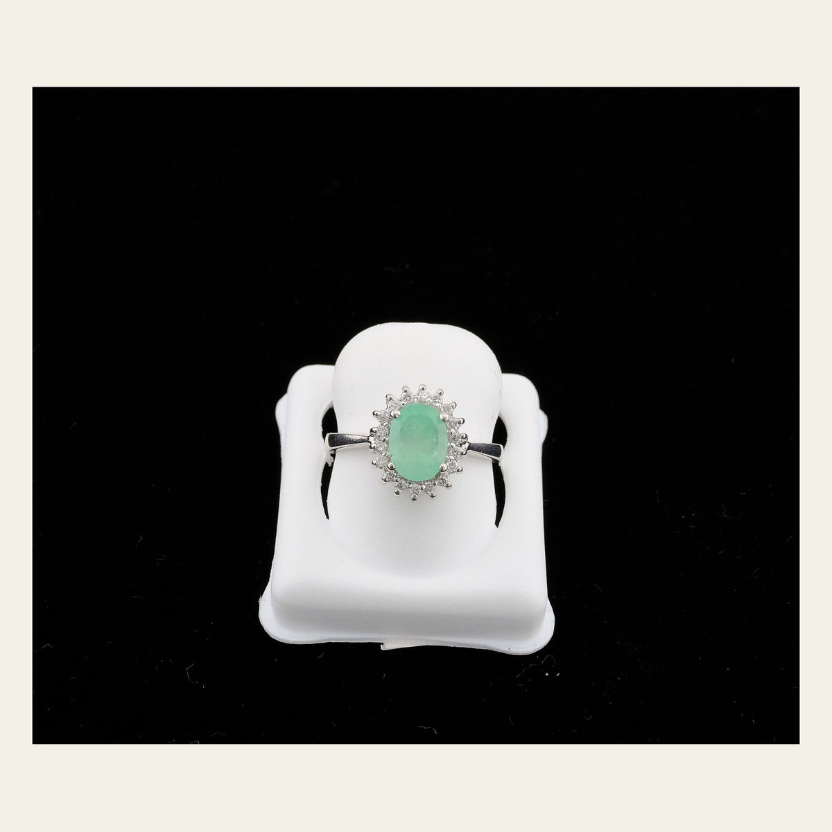 14K White Gold Emerald and Diamond Halo Ring