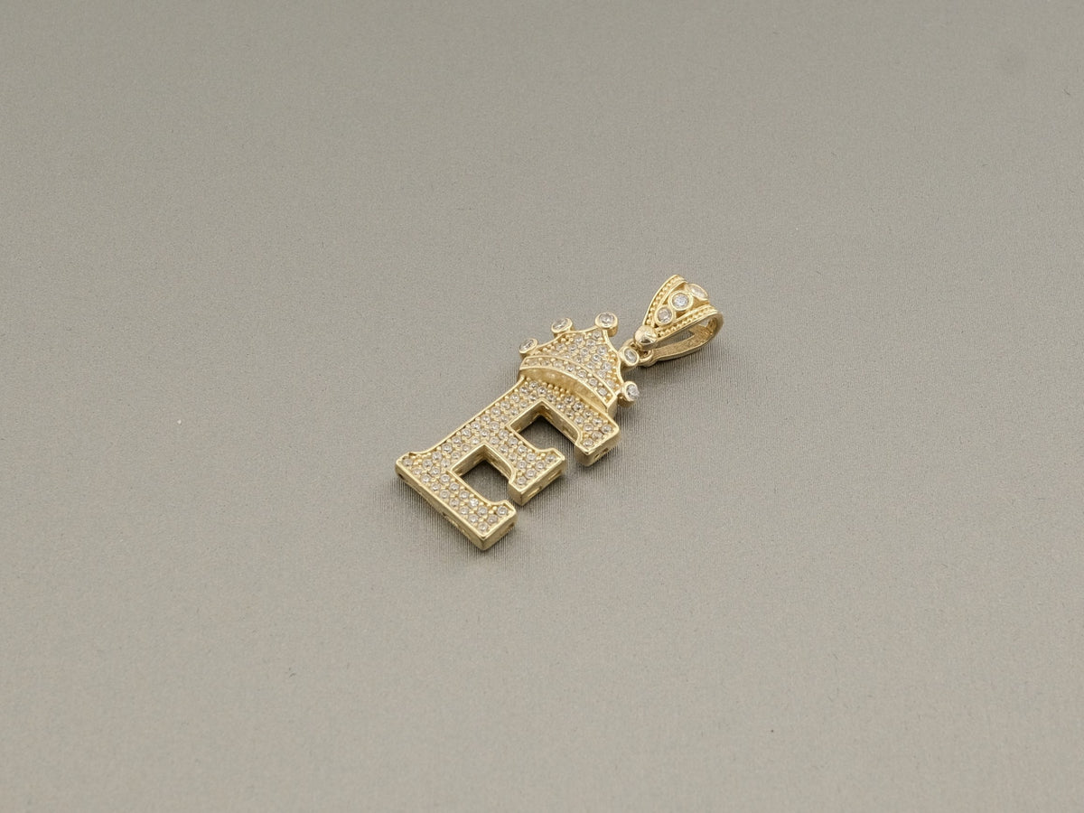 14K Gold E Letter CZ Crown Pendant