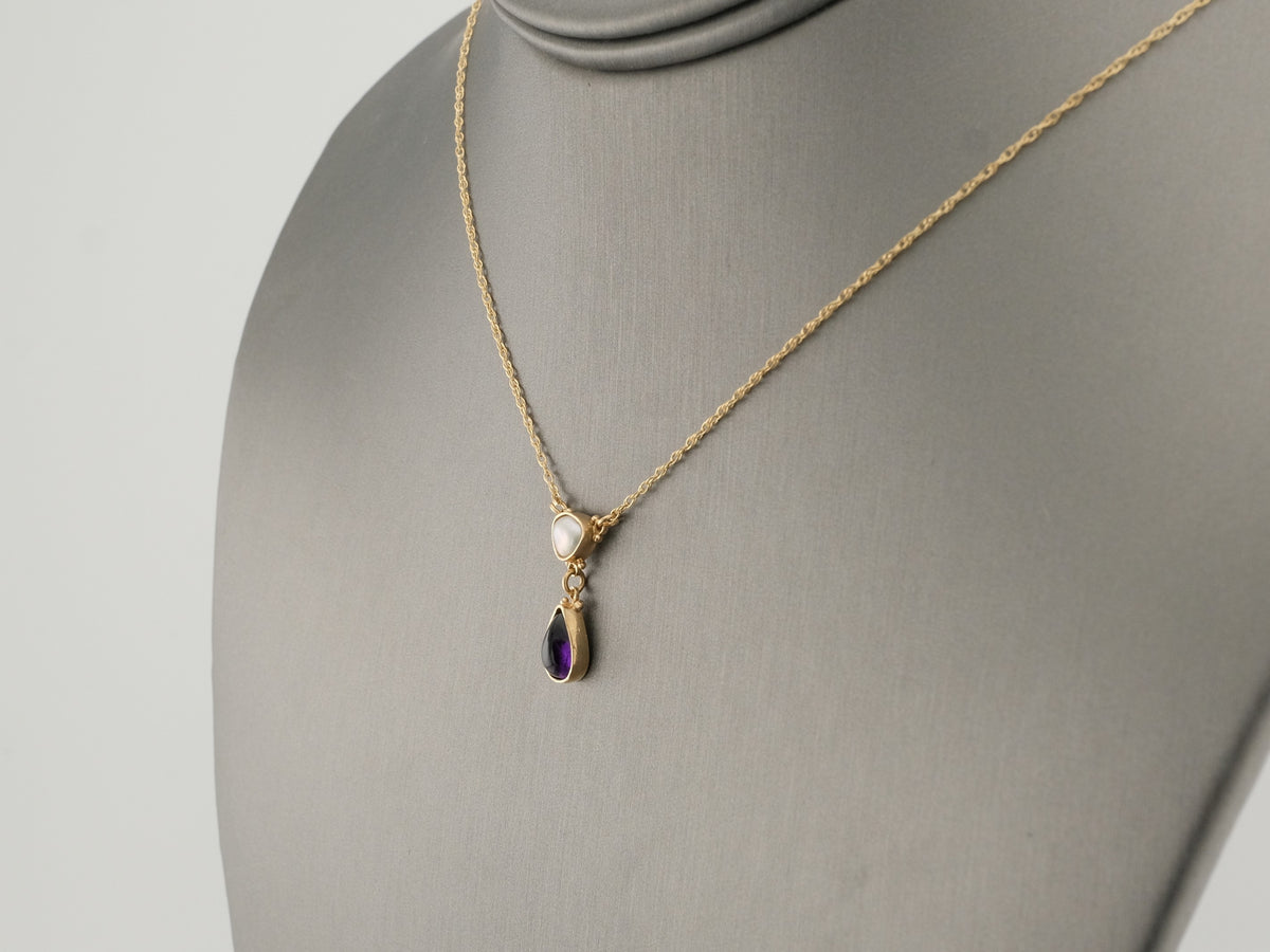 14K Gold Pearl and Purple Gem Necklace