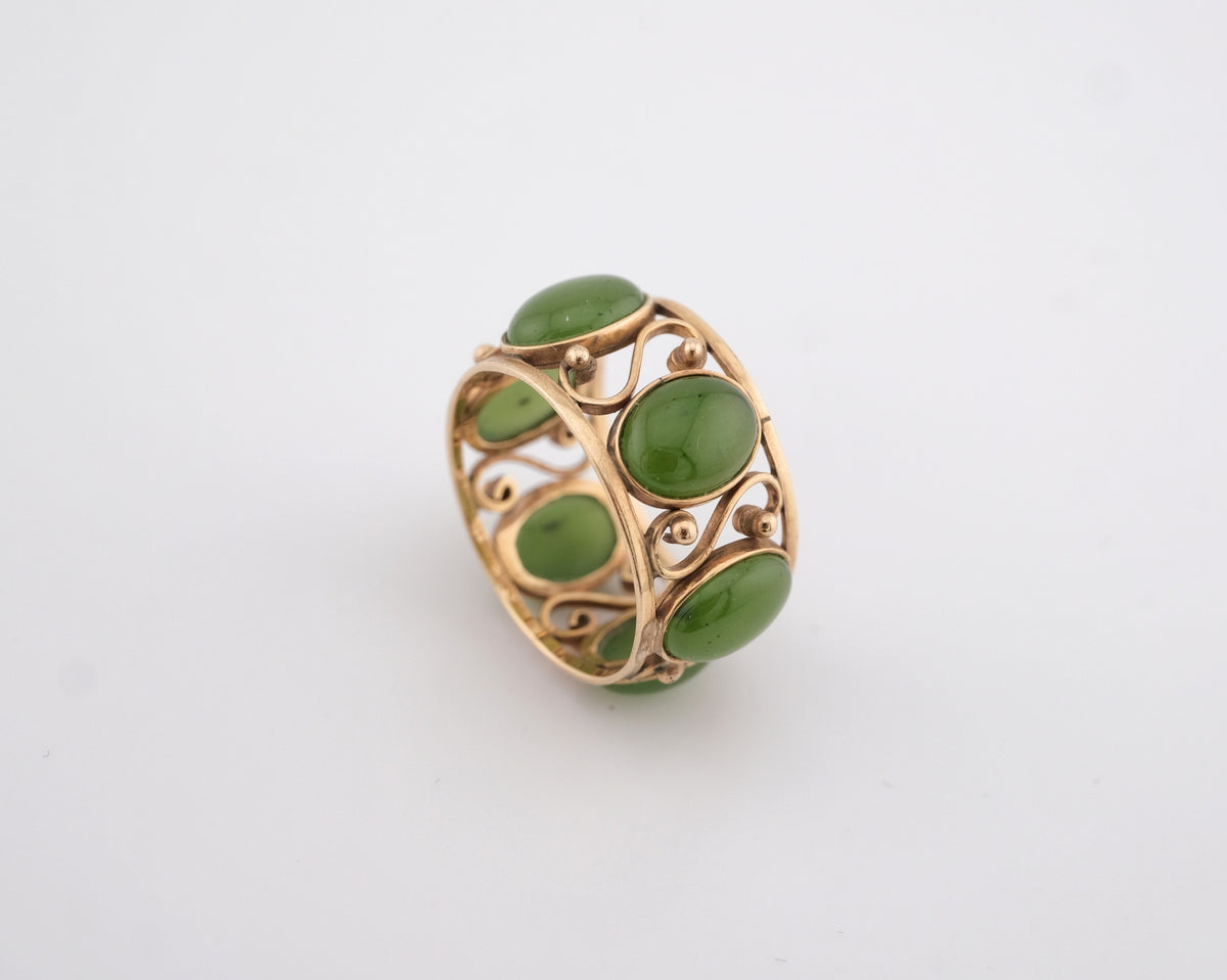 Vintage 10K Gold Green Jade Ring Filigree Openwork Wide Band