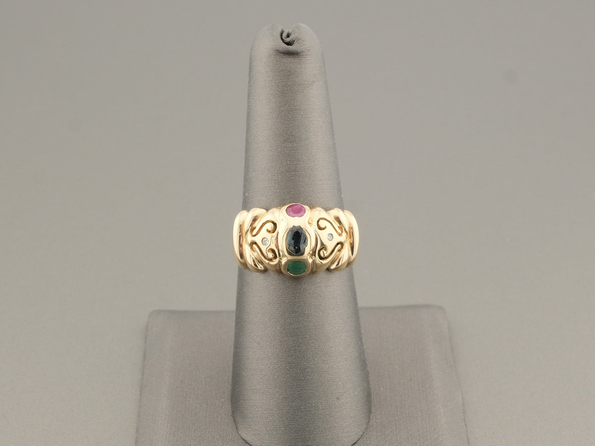 14K Gold Sapphire Emerald Ruby Diamonds Vintage Ring