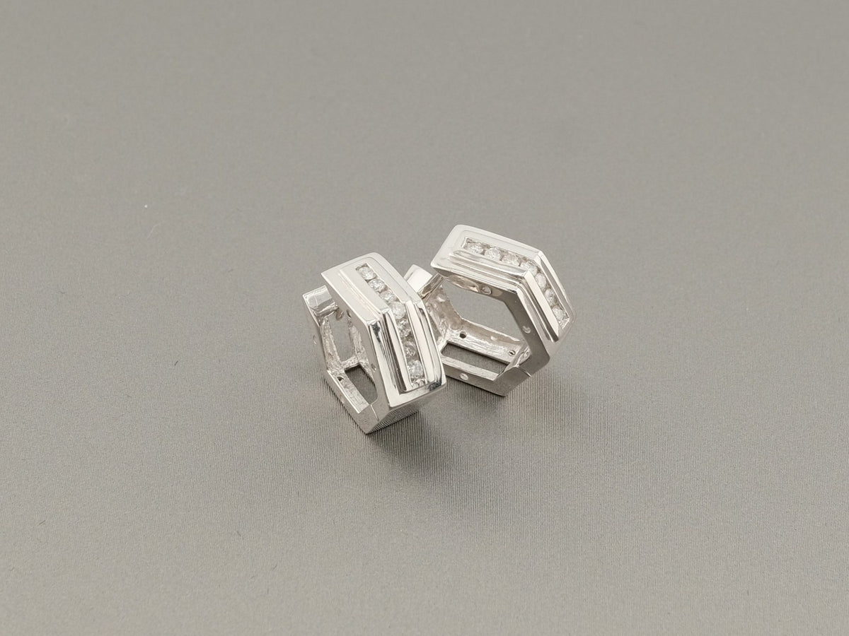 14K White Gold Diamond Hexagon Earrings