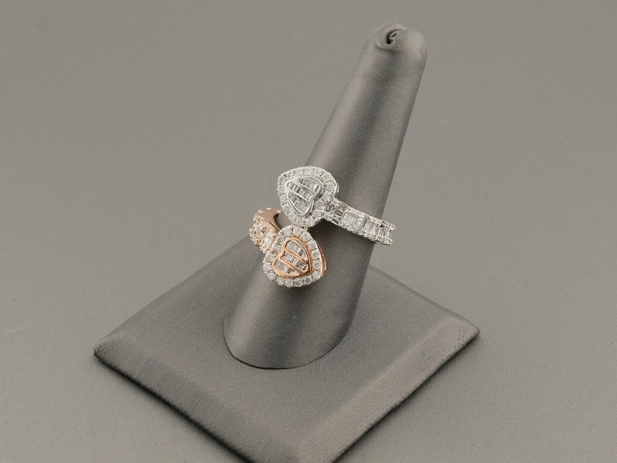 14K Gold Rose White Baguette Diamonds Hearts Ring