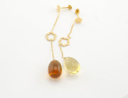 18K Gold Brown Yellow Glass Dangle Earrings