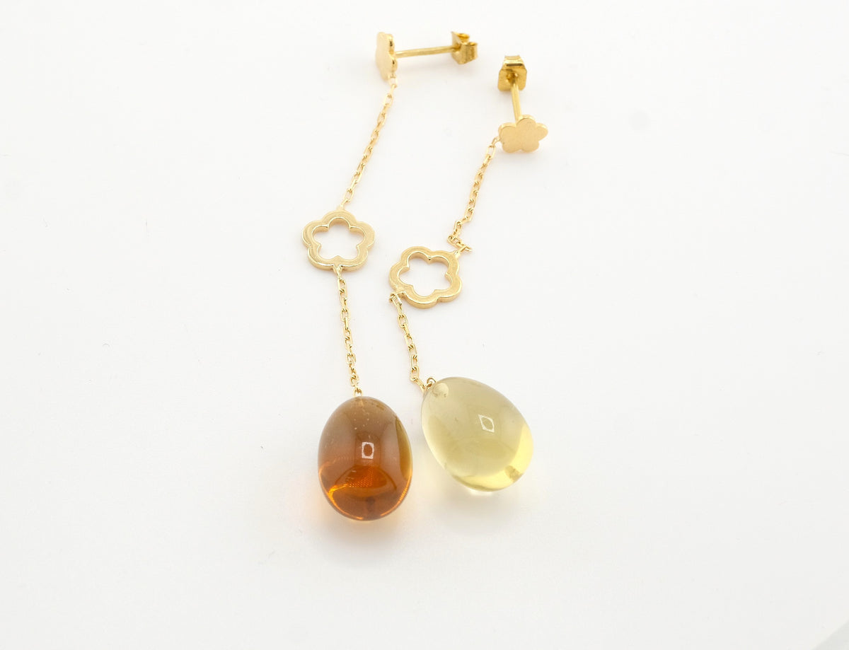 18K Gold Brown Yellow Glass Dangle Earrings