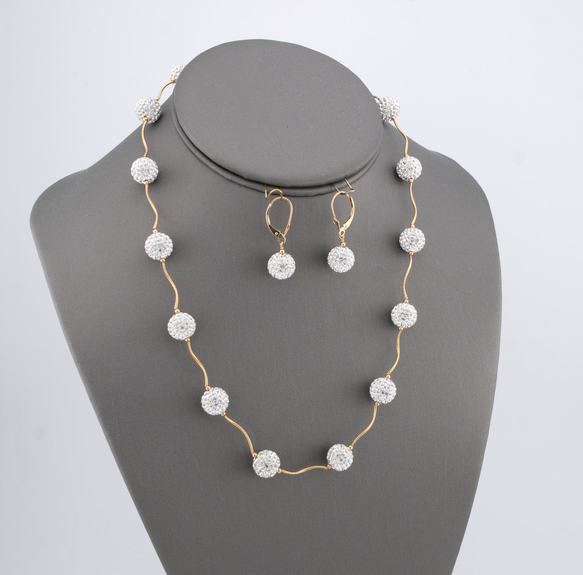 14K Gold Strass Crystal Ball Necklace and Earrings Set