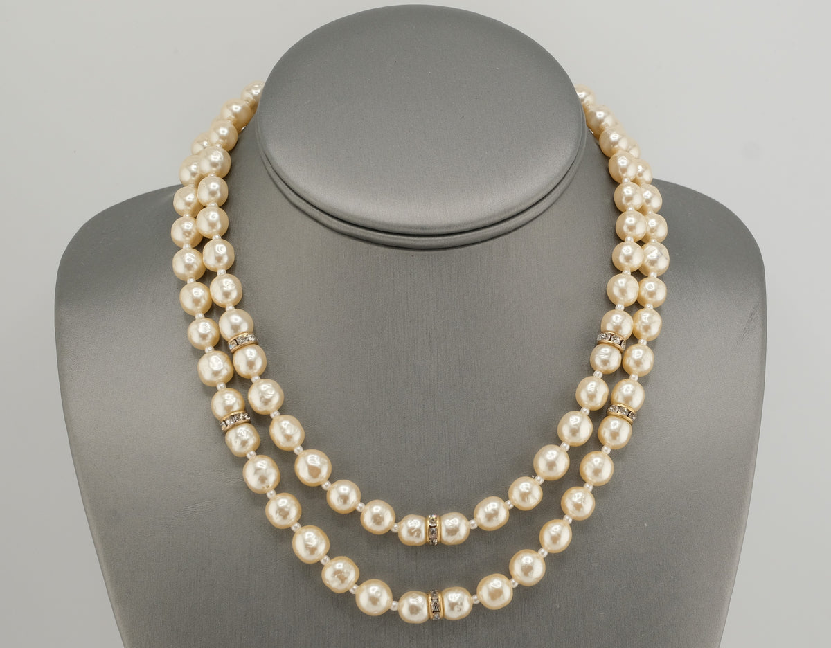 Miriam Haskell Baroque Niki Glass Pearl 2 Strand Crystal Necklace