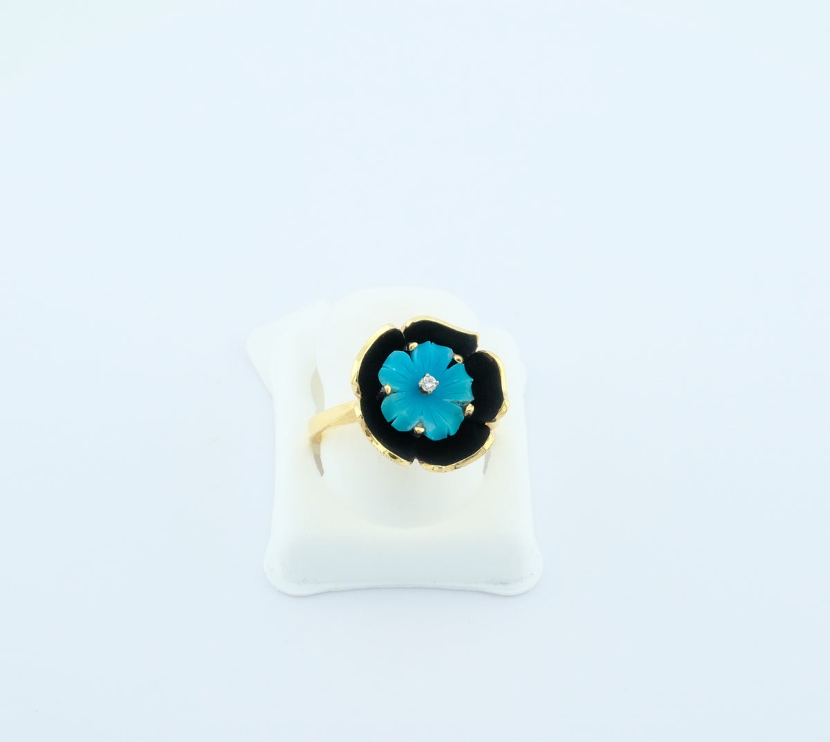 14K Gold Turquoise Carved Flower Diamond Ring