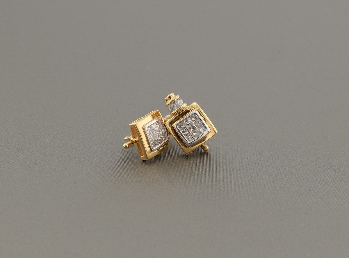 14K Yellow Gold Diamonds Square Earrings