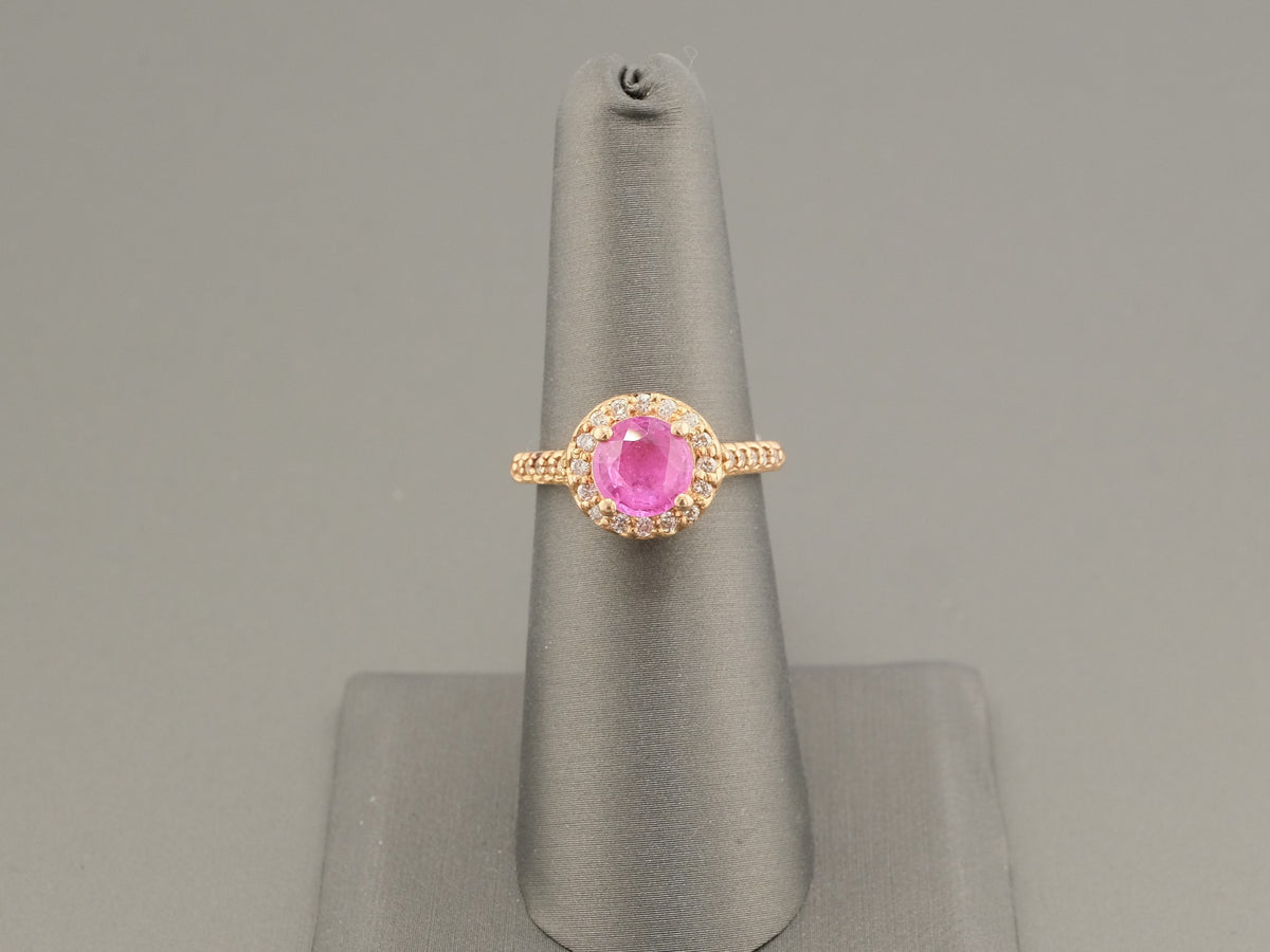 14K Gold Ruby Halo Diamonds Ring