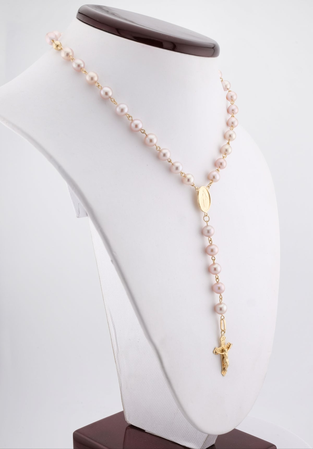 18K Gold Pearl Rosary Crucifix & Virgin Mary Medal Necklace