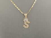 14K Gold CZ S Letter Crown Pendant