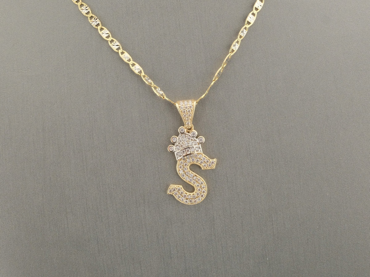 14K Gold CZ S Letter Crown Pendant