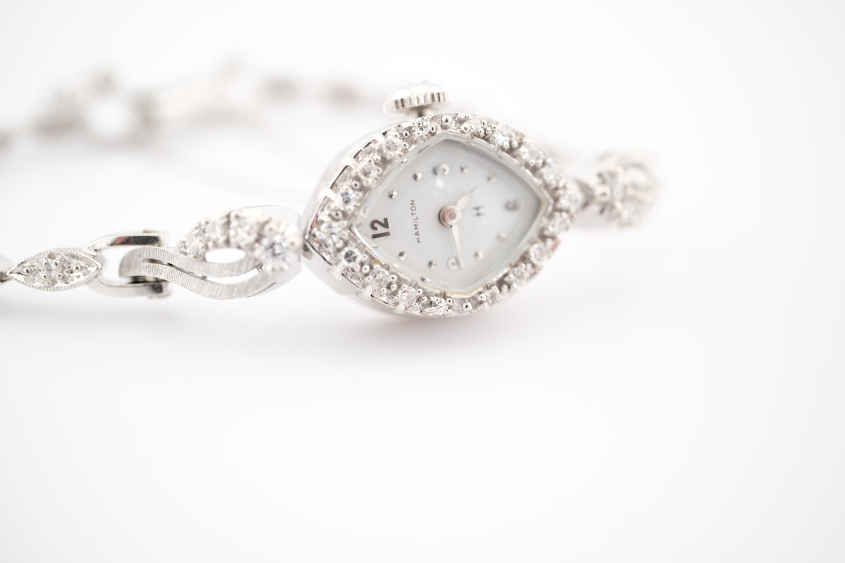 Ladies Mid Century Hamilton 14K White Gold & Diamond Manual Wind Cocktail Watch