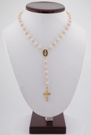 18K Gold Pearl Rosary Crucifix & Virgin Mary Medal Necklace, alternate view 2