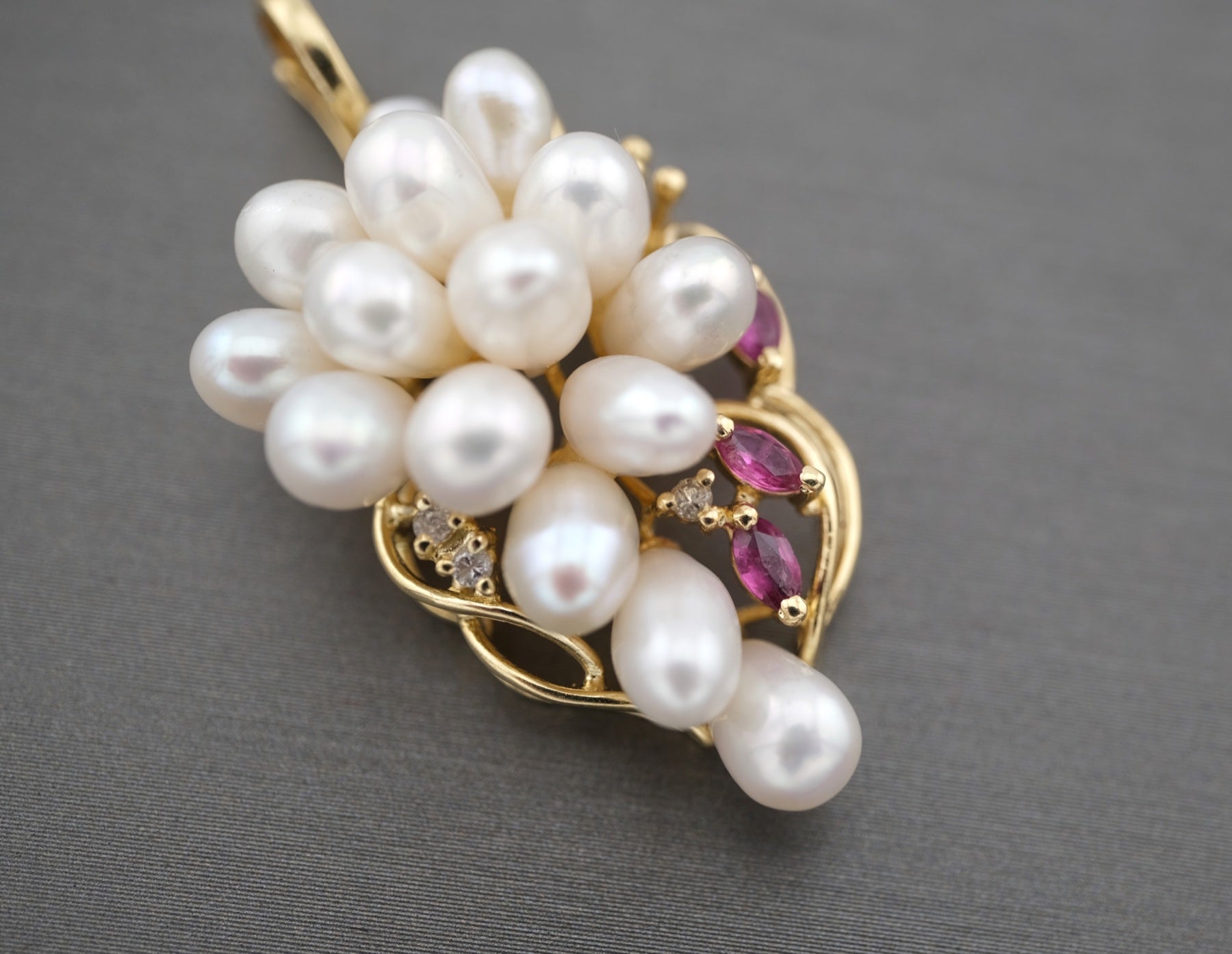 Pearl, ruby, and diamond pendant